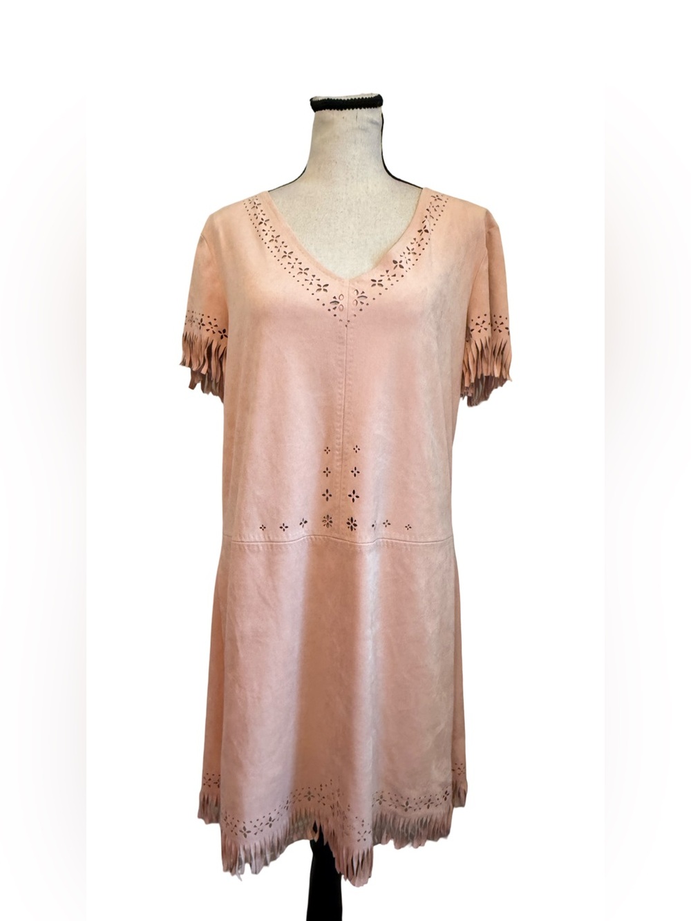 Chelsea & Violet Blush Pink Faux Suede Fringe Dress Medium Laser Cut V-Neck Boho